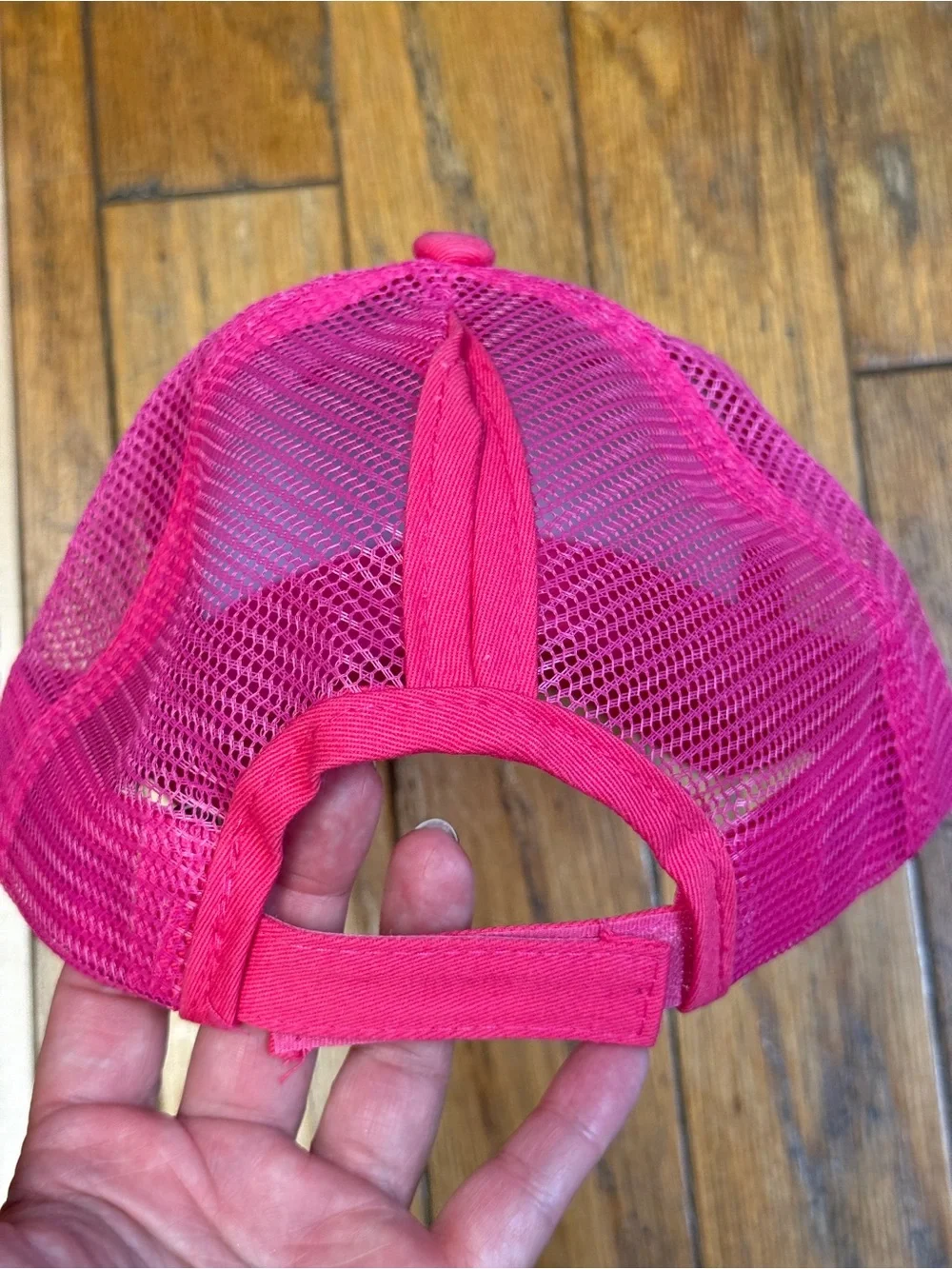 Bright Pink Trucker Hat with White Oars and pony tail hole